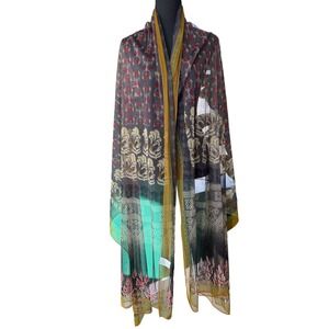 Khaadi Pakistan Polyester Dupatta Scarf Tribal Print Yellow Border Women Boho